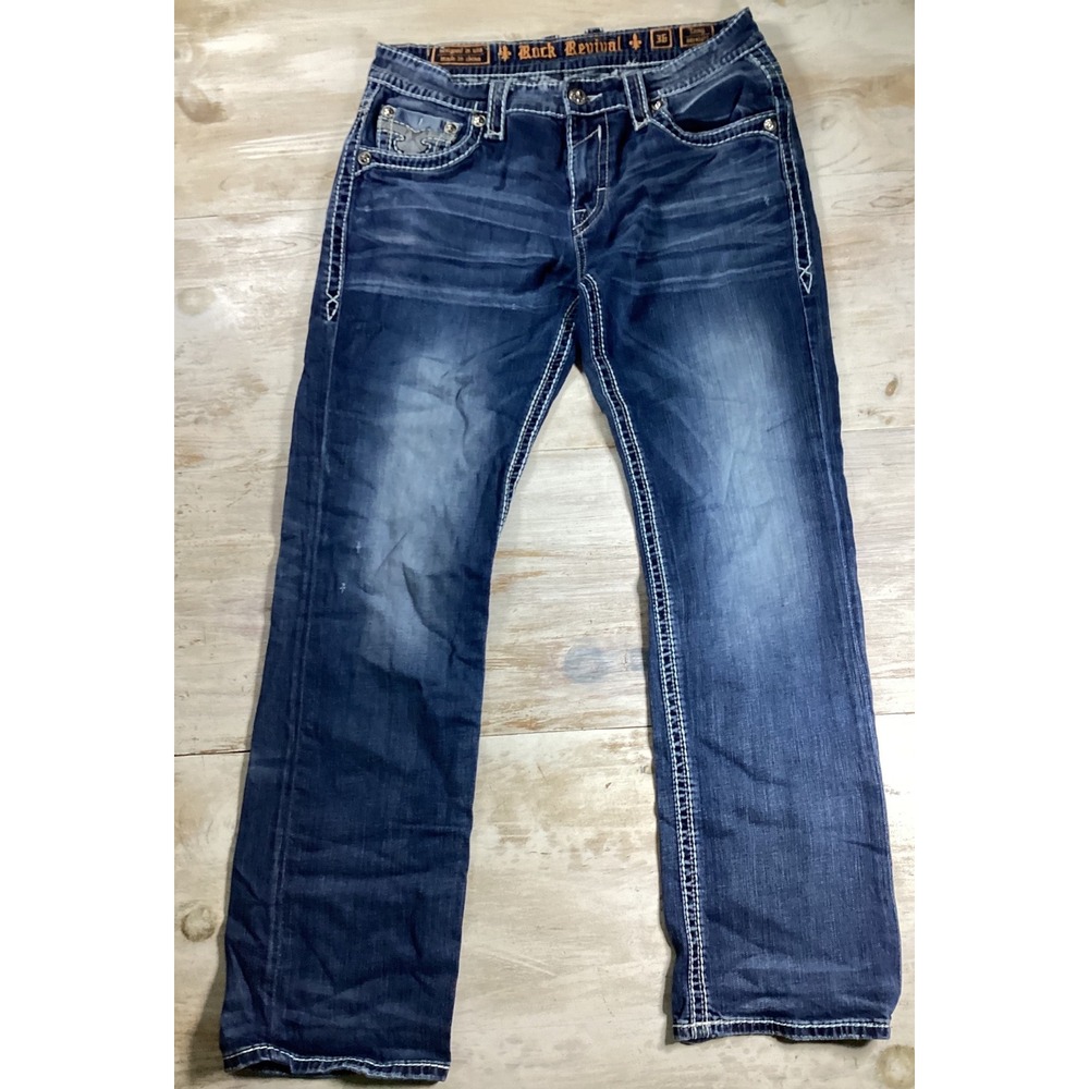 Rock Revival Tony Straight Mens Jeans 36 Dark Wash RJ8863T4 Fleur-De-Lis Blue